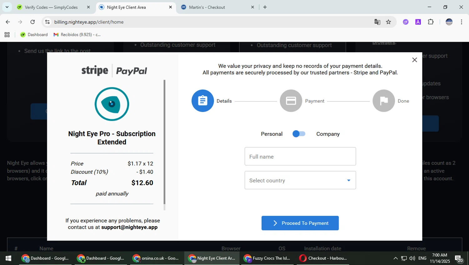Night Eye discount code screenshot showing code EARLY applied at Night Eye checkout page. Uploaded by SimplyCodes community member TrevorPhilips on Nov 14, 2025