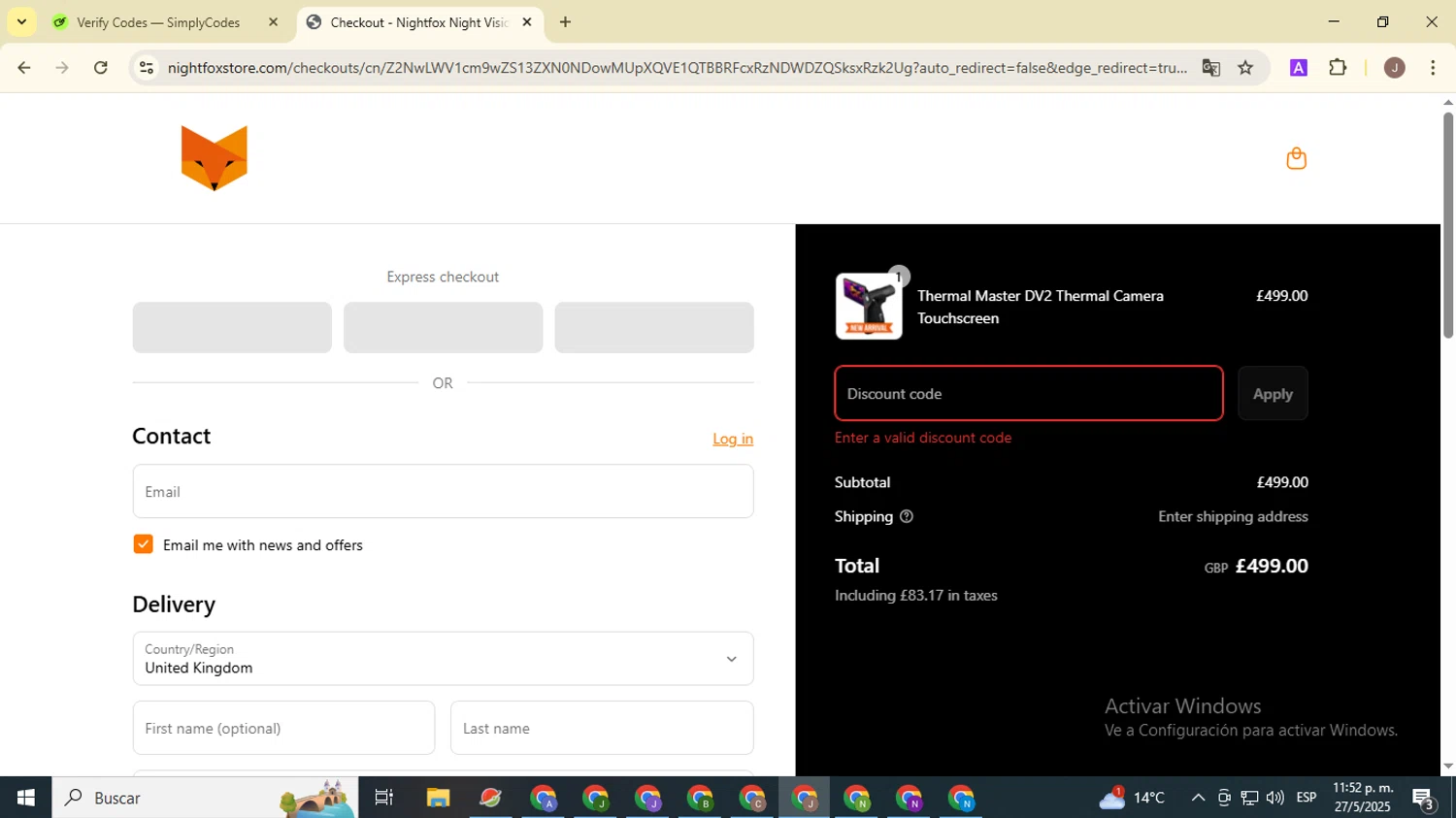 Nightfox promo code screenshot showing code NIGHT56H863 applied at Nightfox checkout page. Uploaded by SimplyCodes community member ValiantHero2365 on May 28, 2025