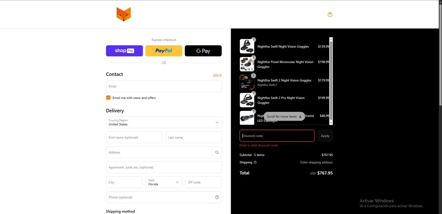 Nightfox promo code screenshot showing code HOTFOX10 applied at Nightfox checkout page. Uploaded by SimplyCodes community member BrandoJose1 on Aug 8, 2025