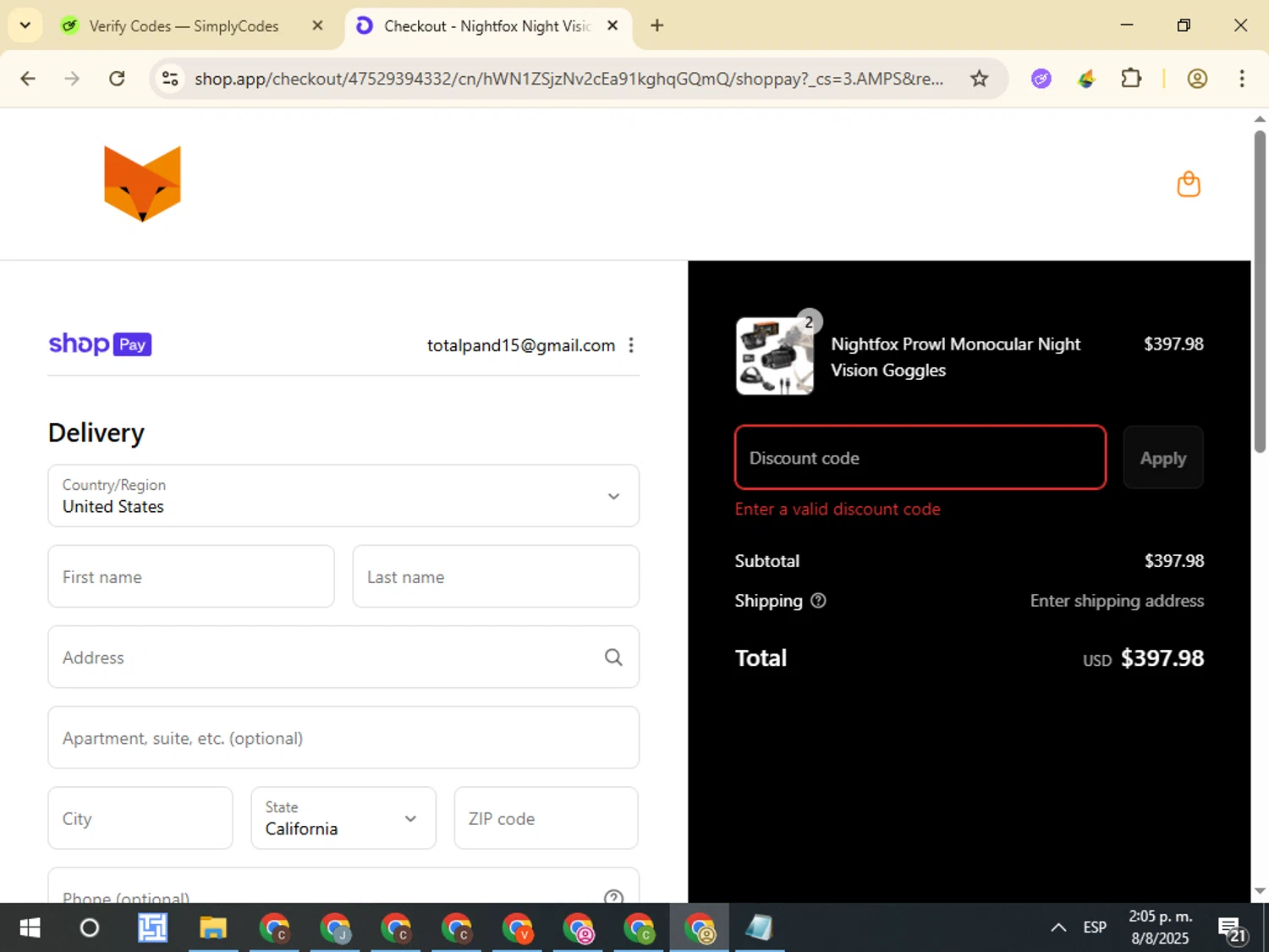 Nightfox promo code screenshot showing code HOTFOX10 applied at Nightfox checkout page. Uploaded by SimplyCodes community member VictorL on Aug 8, 2025