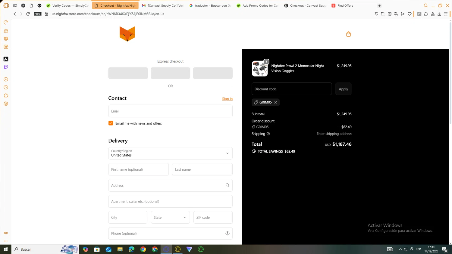 Nightfox promo code screenshot showing code Grim05 applied at Nightfox checkout page. Uploaded by SimplyCodes community member yanetrod on Dec 14, 2025
