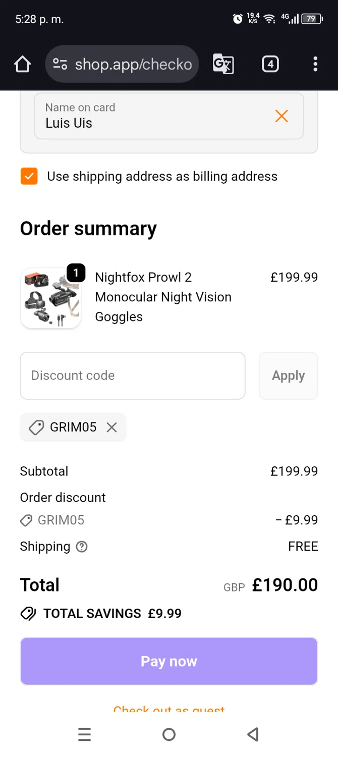Nightfox promo code screenshot showing code Grim05 applied at Nightfox checkout page. Uploaded by SimplyCodes community member Mdeoca on Dec 14, 2025
