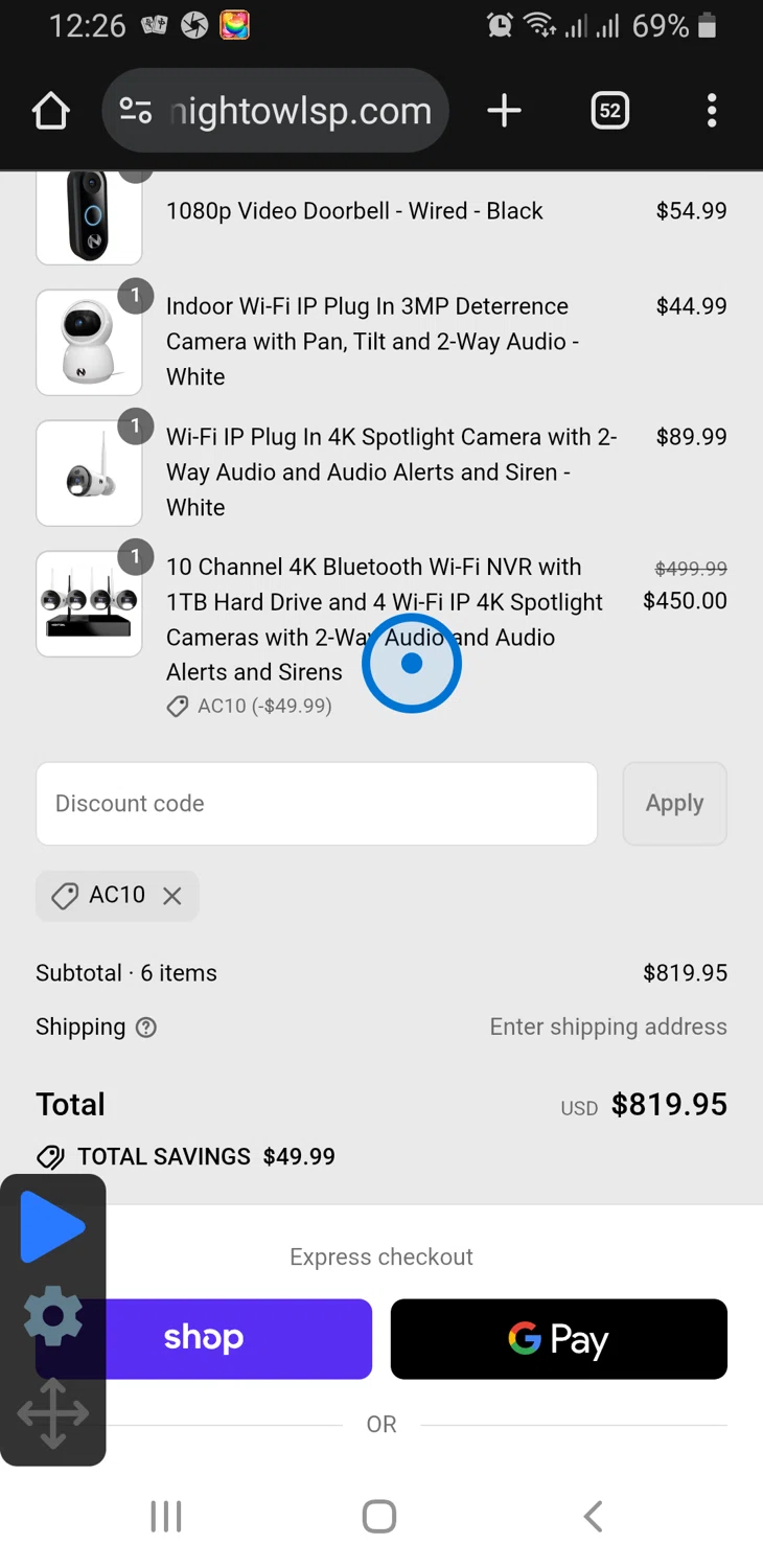 Night Owl promo code screenshot showing code AC10 applied at Night Owl checkout page. Uploaded by SimplyCodes community member GloriousFinder136 on Aug 30, 2025