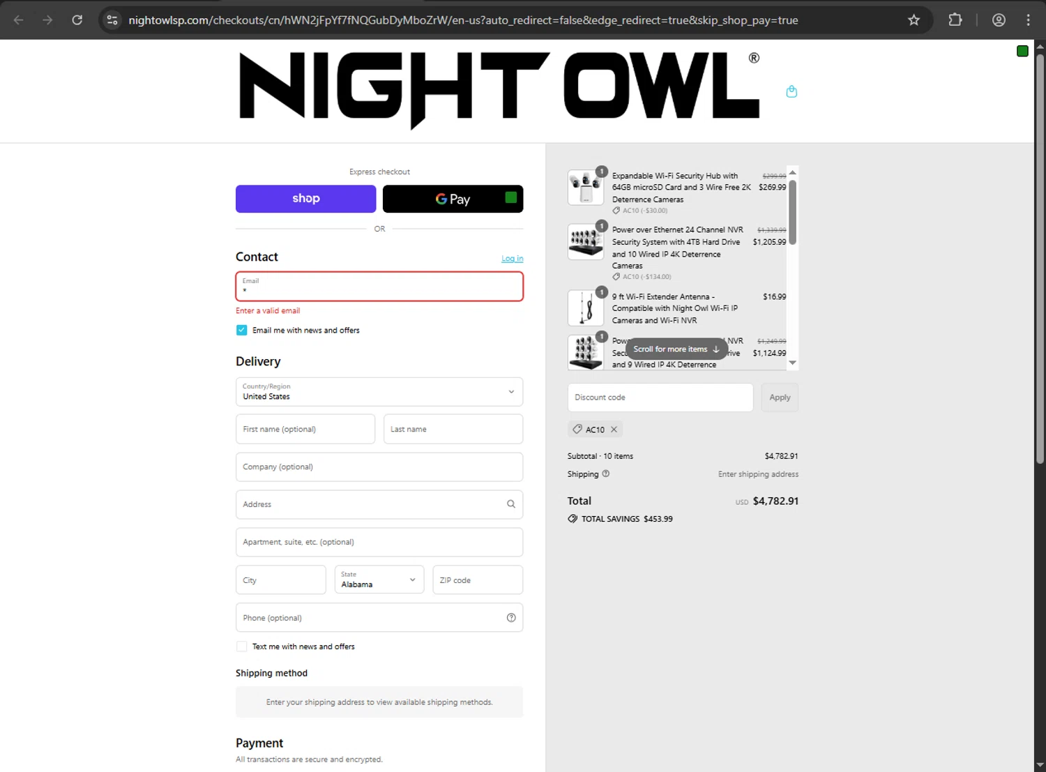 Night Owl promo code screenshot showing code AC10 applied at Night Owl checkout page. Uploaded by SimplyCodes community member Jeremi on Sep 8, 2025