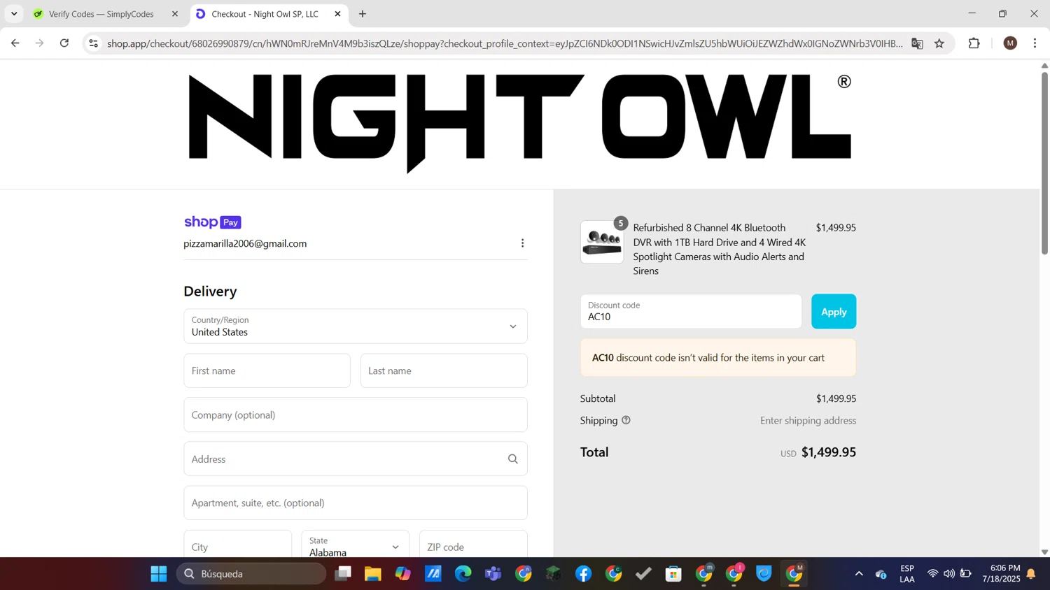 Night Owl promo code screenshot showing code AC10 applied at Night Owl checkout page. Uploaded by SimplyCodes community member KTMCRF on Jul 18, 2025