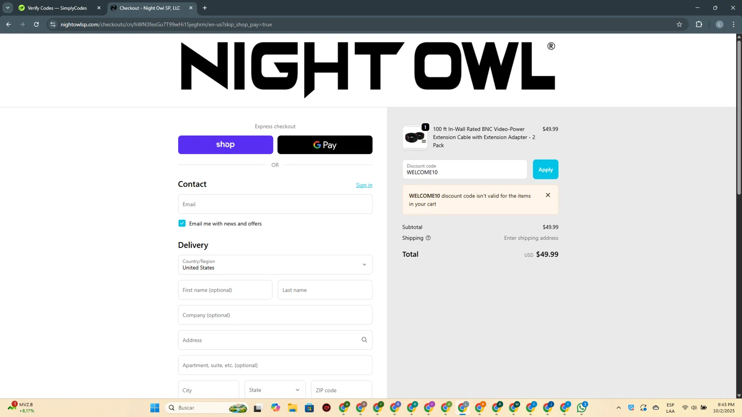 Night Owl promo code screenshot showing code WELCOME10 applied at Night Owl checkout page. Uploaded by SimplyCodes community member USERR1 on Oct 3, 2025