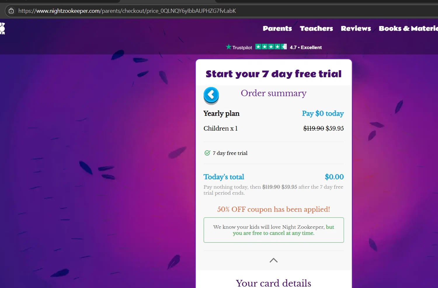 Night Zookeeper coupon code screenshot showing code write50 applied at Night Zookeeper checkout page. Uploaded by SimplyCodes community member JasnibelEgu on Jun 15, 2025
