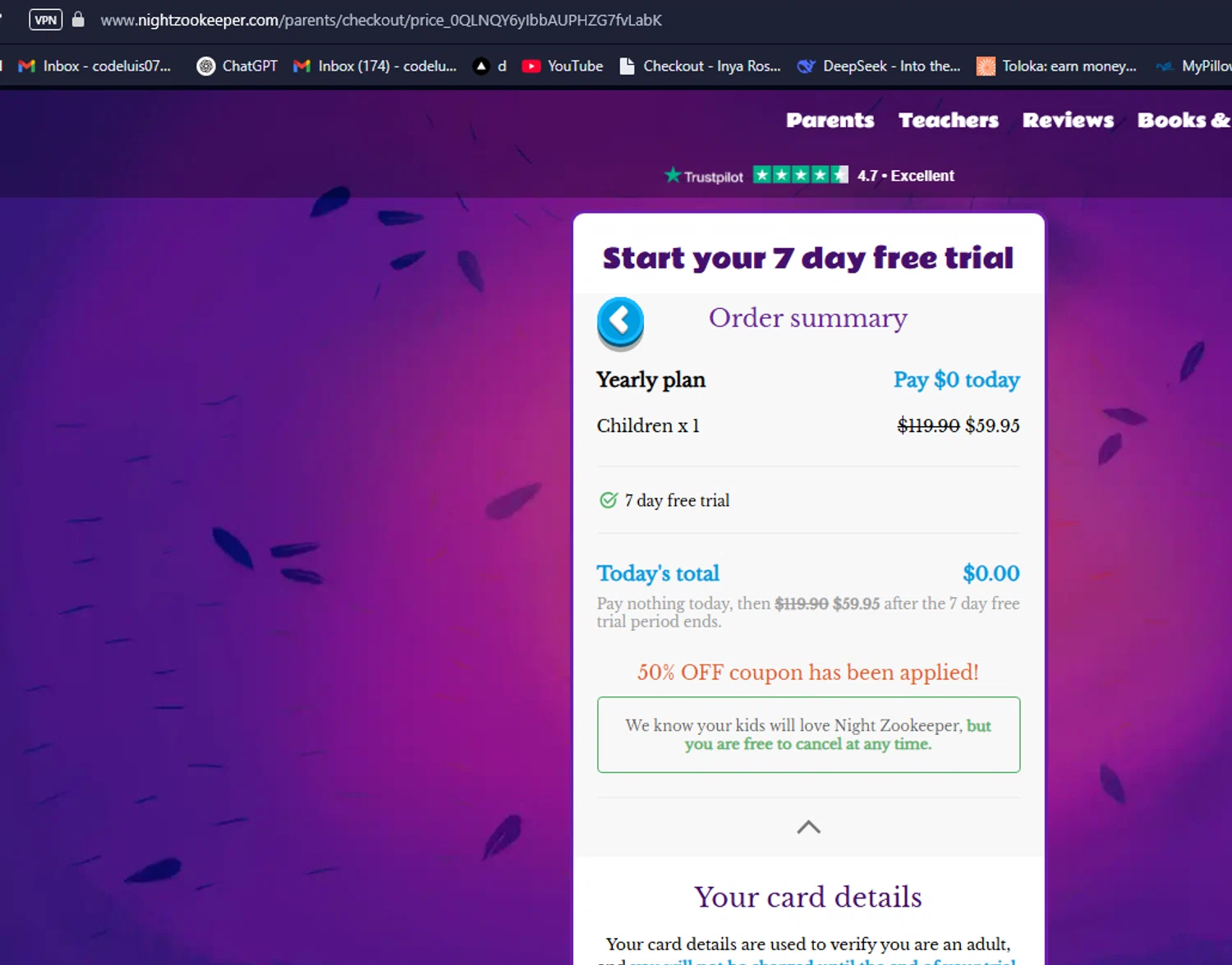 Night Zookeeper coupon code screenshot showing code TUTOR50 applied at Night Zookeeper checkout page. Uploaded by SimplyCodes community member Yossoy on Mar 12, 2025