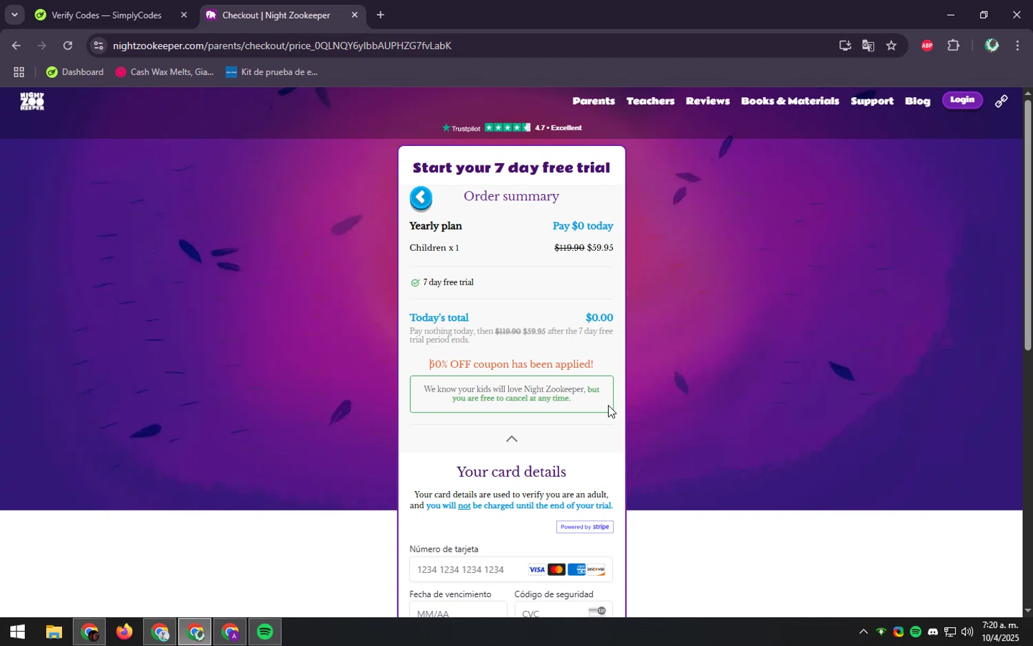 Night Zookeeper coupon code screenshot showing code TUTOR50 applied at Night Zookeeper checkout page. Uploaded by SimplyCodes community member ScanGenius949 on Apr 10, 2025