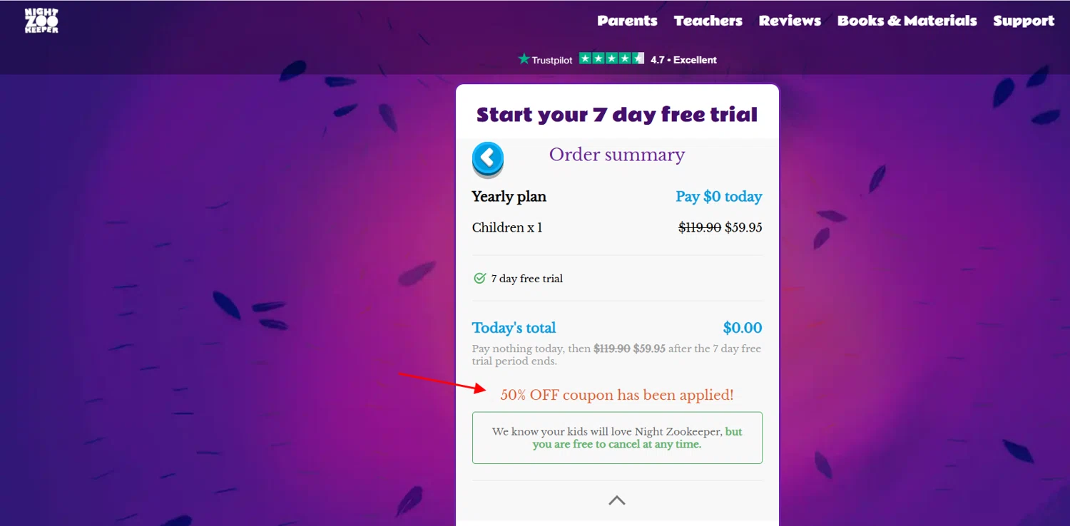 Night Zookeeper coupon code screenshot showing code TUTOR50 applied at Night Zookeeper checkout page. Uploaded by SimplyCodes community member berdetweet on Feb 9, 2025