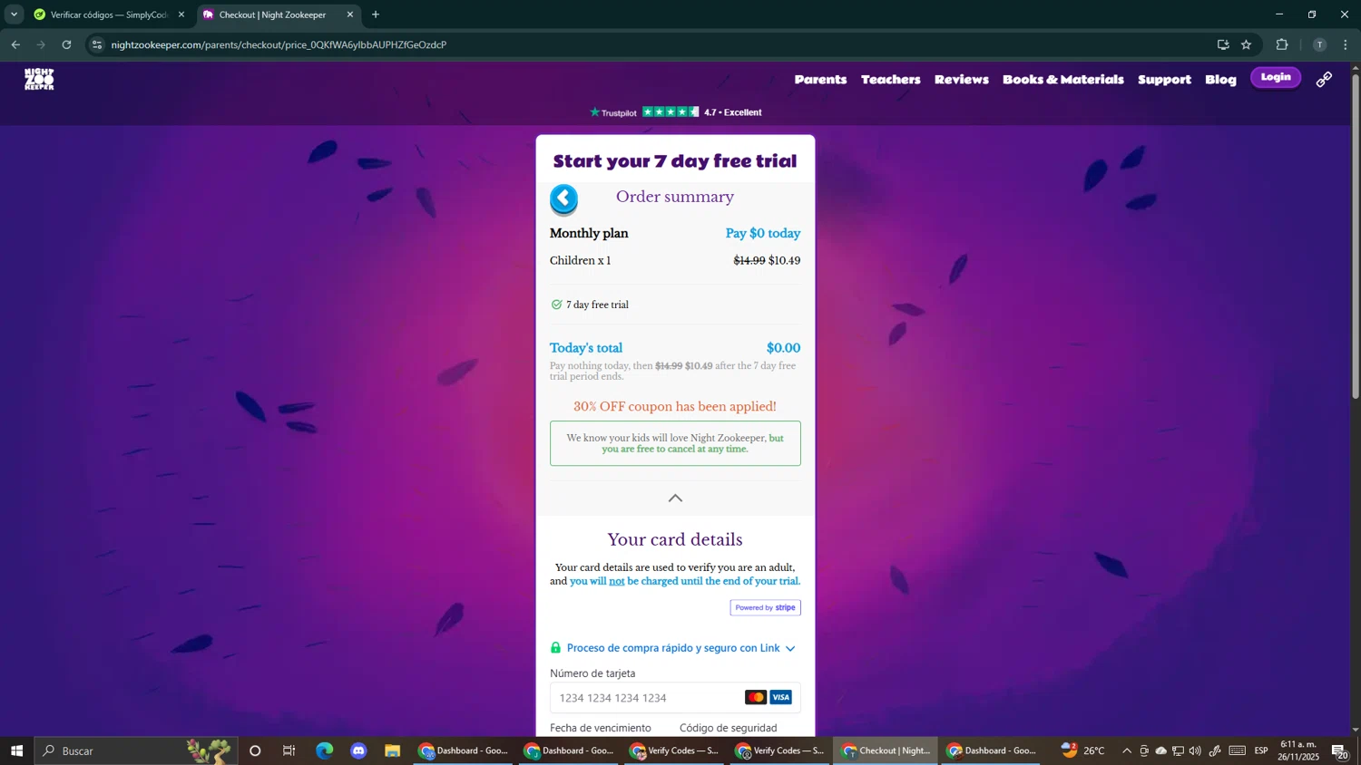 Night Zookeeper coupon code screenshot showing code TEACHER30 applied at Night Zookeeper checkout page. Uploaded by SimplyCodes community member Makemusic on Nov 26, 2025
