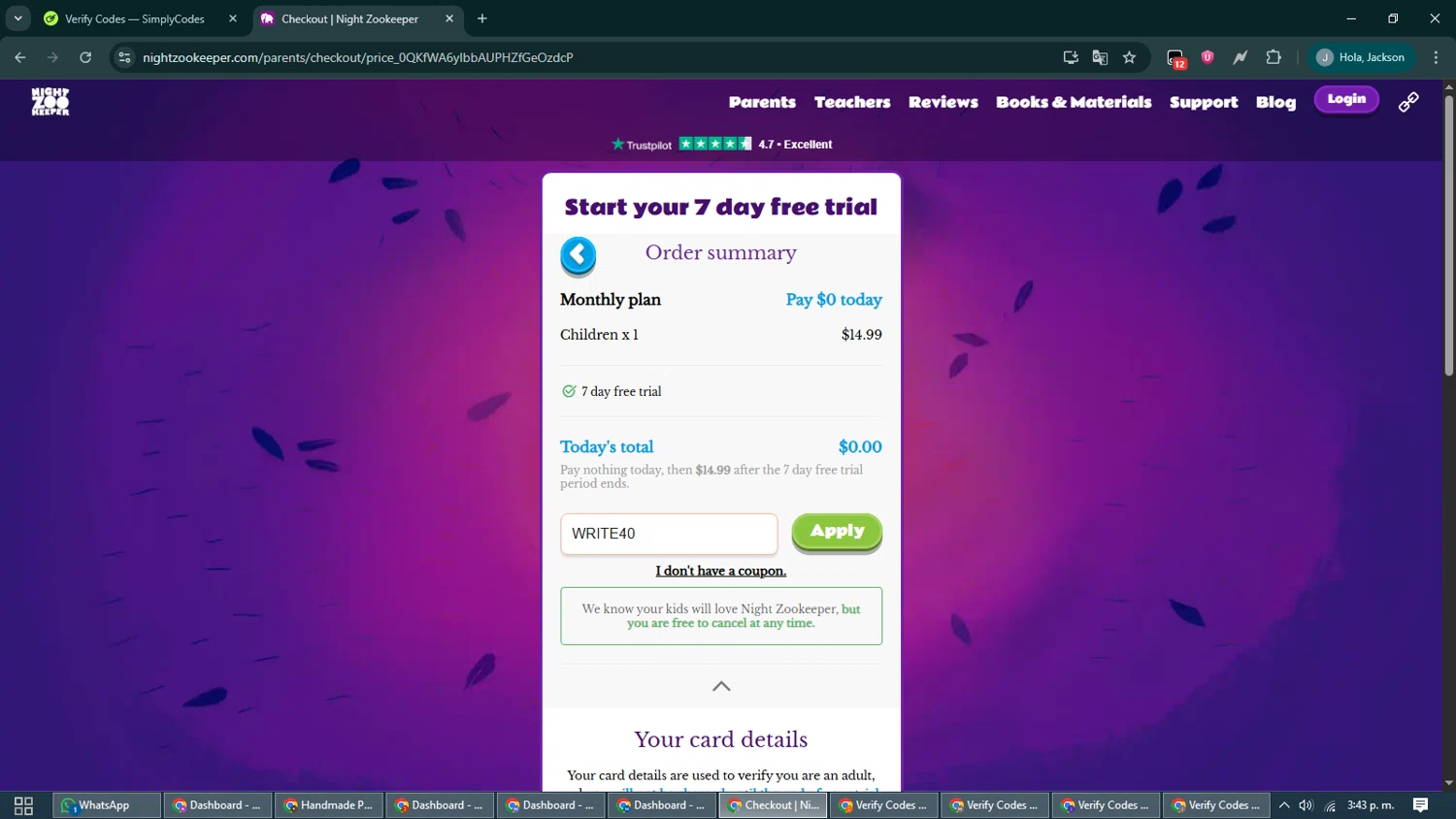 Night Zookeeper coupon code screenshot showing code WRITE40 applied at Night Zookeeper checkout page. Uploaded by SimplyCodes community member CashShopper1214 on Nov 30, 2025