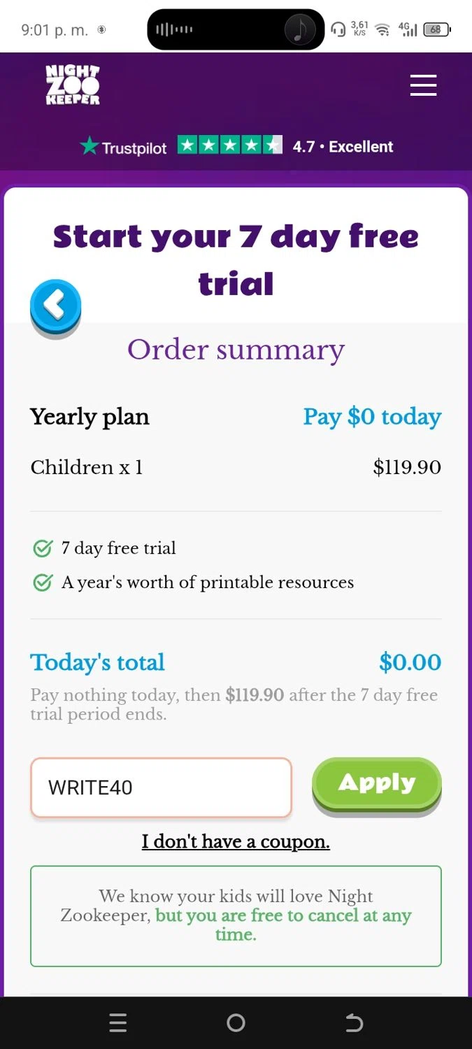 Night Zookeeper coupon code screenshot showing code WRITE40 applied at Night Zookeeper checkout page. Uploaded by SimplyCodes community member miguelquevedo on Dec 19, 2025