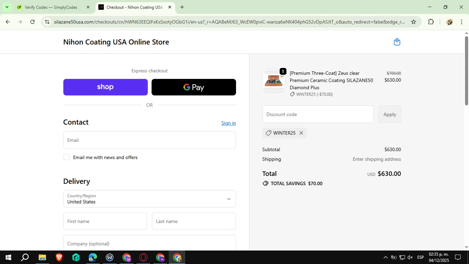Nihon Coating promo code screenshot showing code winter25 applied at Nihon Coating checkout page. Uploaded by SimplyCodes community member CashExpert3657 on Dec 4, 2025