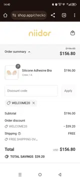 WELCOME20 coupon verification screenshot
