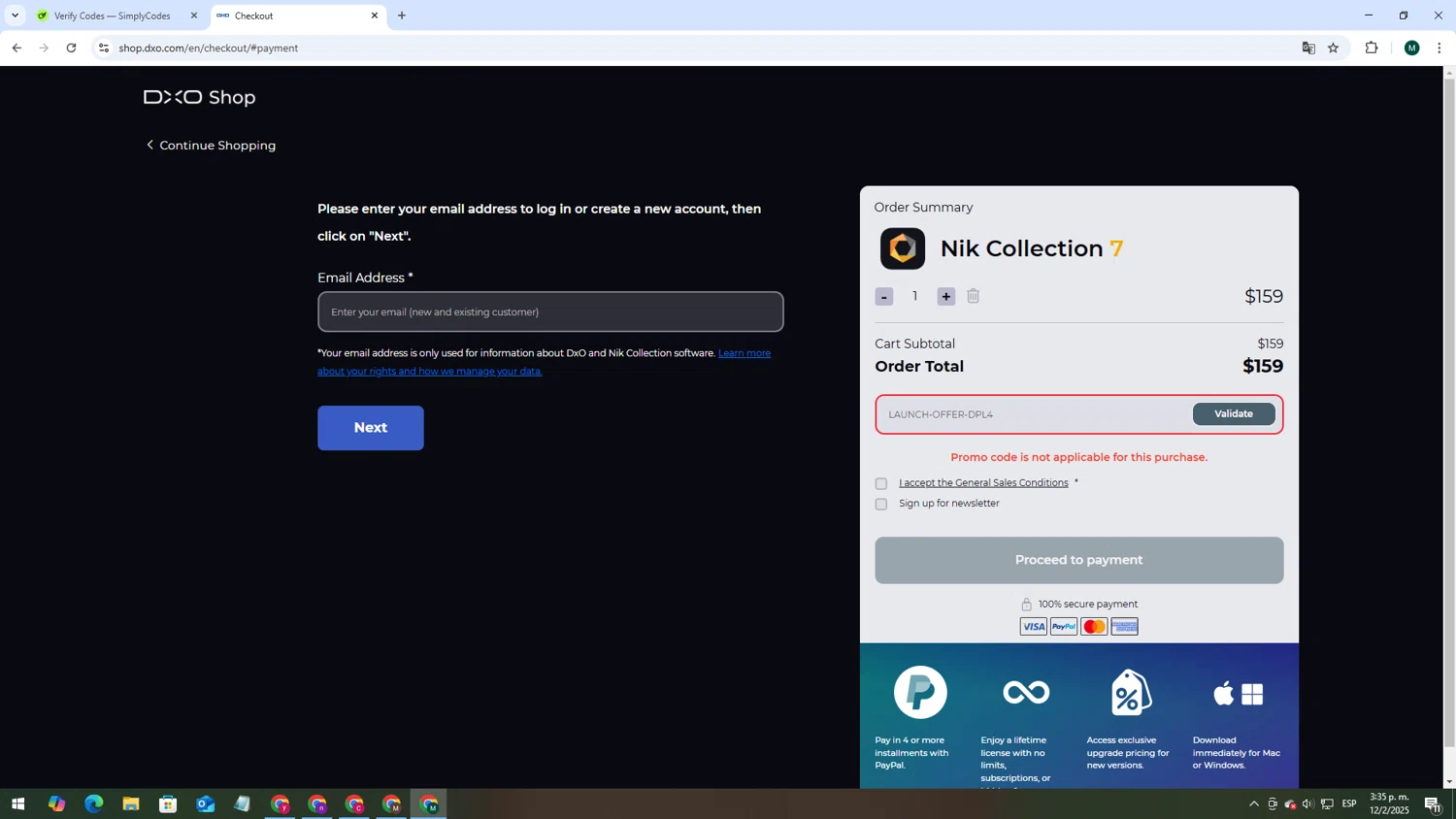 Nik Collection promo code screenshot showing code LAUNCH-OFFER-DPL4 applied at Nik Collection checkout page. Uploaded by SimplyCodes community member MDLECHUZA on Feb 12, 2025