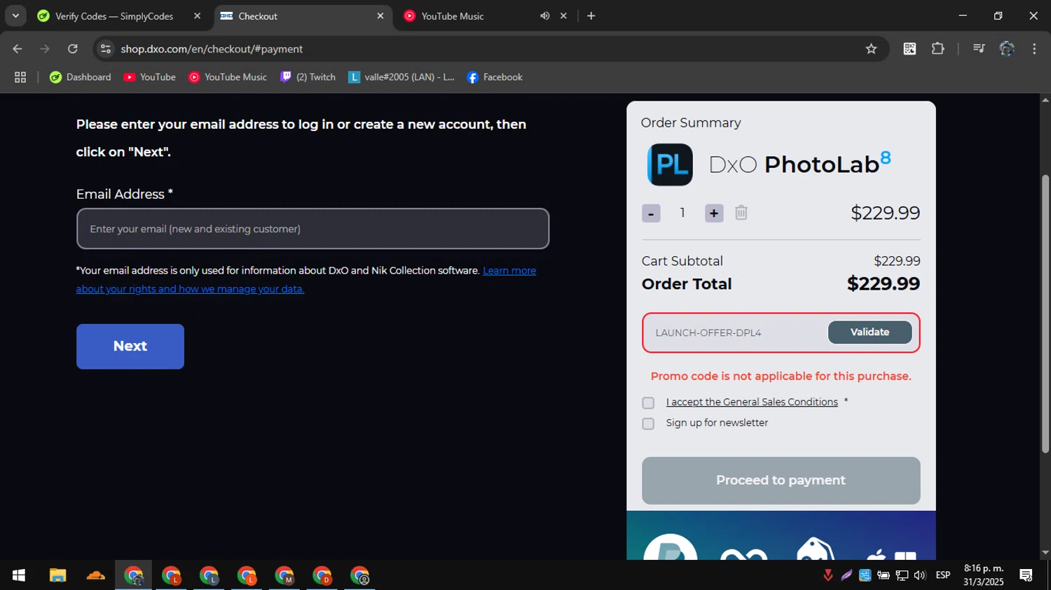 Nik Collection promo code screenshot showing code LAUNCH-OFFER-DPL4 applied at Nik Collection checkout page. Uploaded by SimplyCodes community member RoyalAdmiral1682 on Apr 1, 2025
