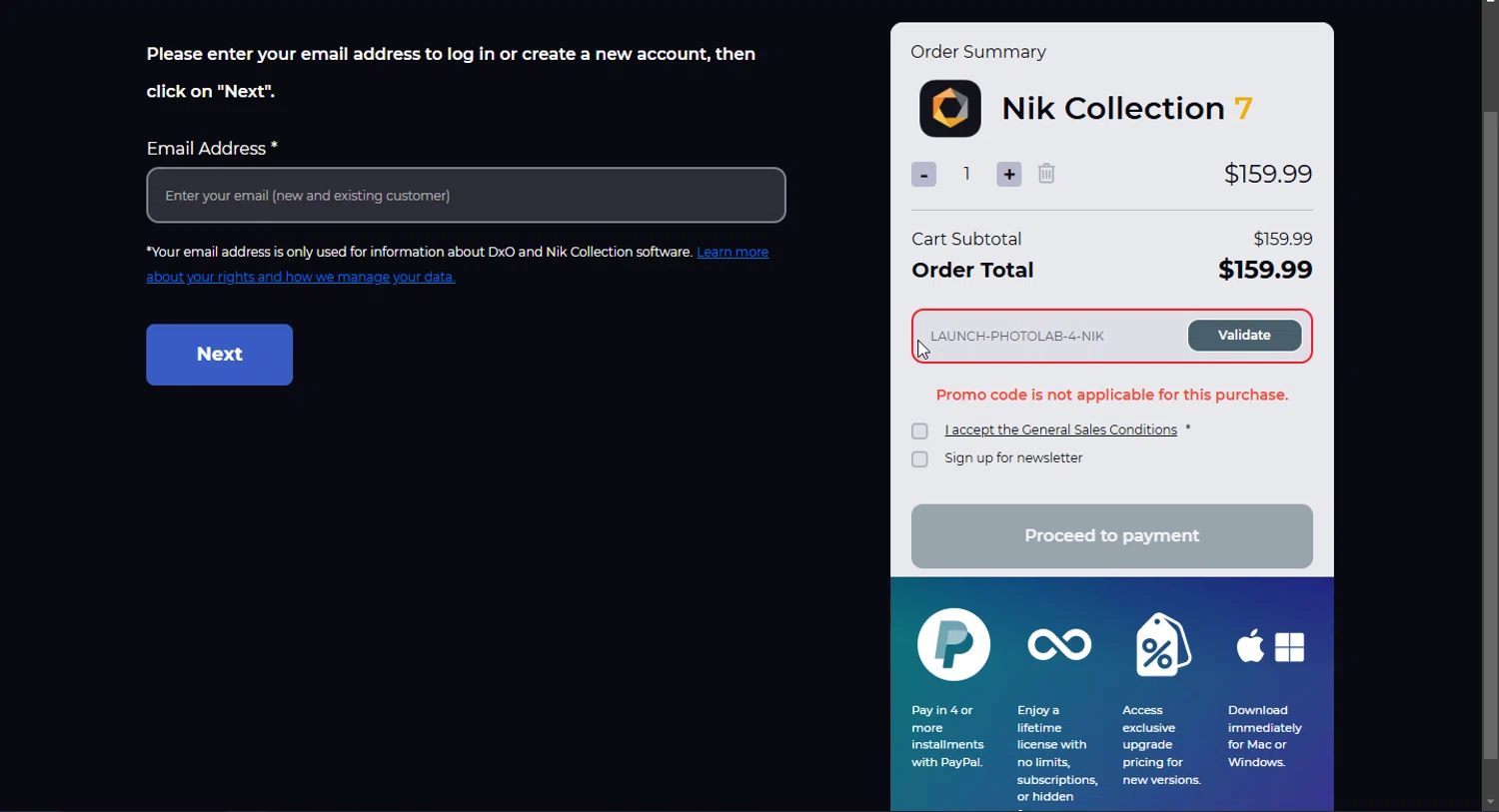 Nik Collection promo code screenshot showing code LAUNCH-PHOTOLAB-4-NIK applied at Nik Collection checkout page. Uploaded by SimplyCodes community member MoneyEagle4780 on Mar 28, 2025