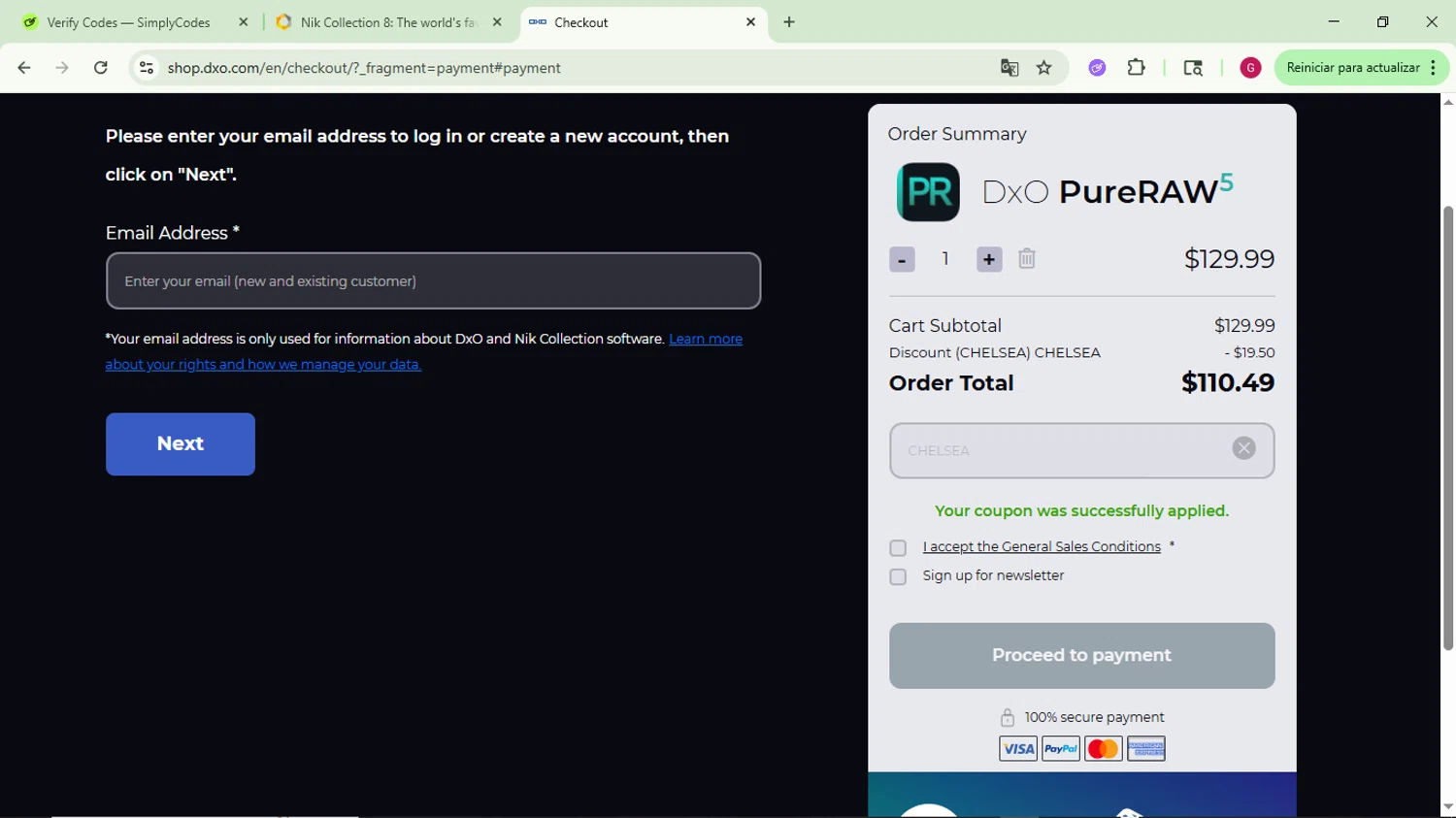 Nik Collection checkout page showing Nik Collection promo code box | Screenshot taken by SimplyCodes community member on Aug 10, 2025