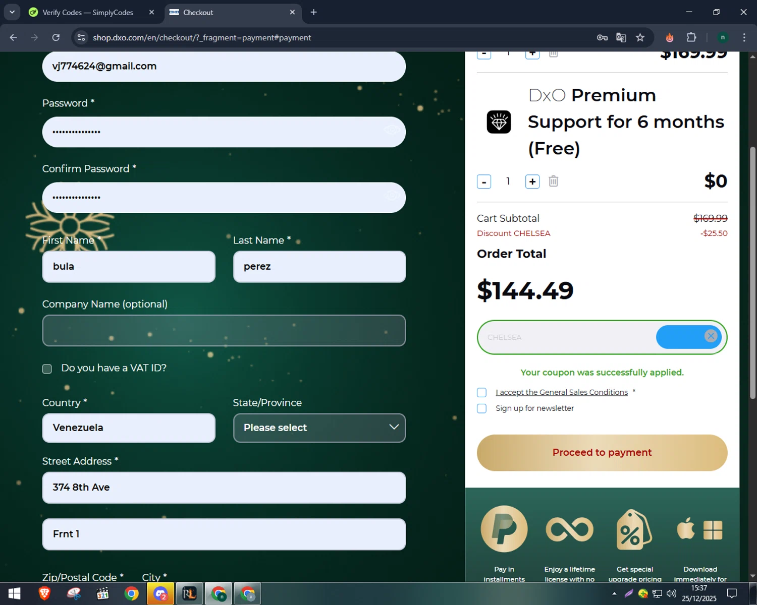 Nik Collection promo code screenshot showing code CHELSEA applied at Nik Collection checkout page. Uploaded by SimplyCodes community member VoucherWizard5329 on Dec 25, 2025