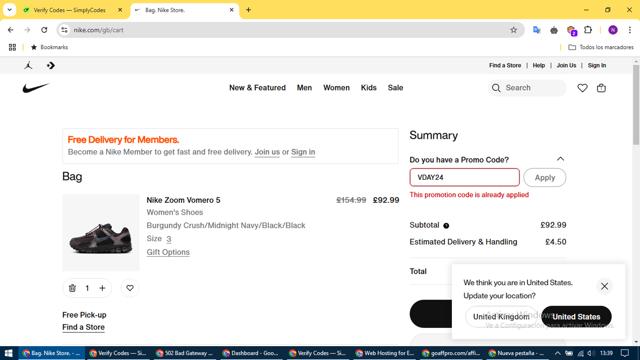 Nike Factory Store checkout page showing Nike Factory Store promo code box | Screenshot taken by SimplyCodes community member on Feb 24, 2025