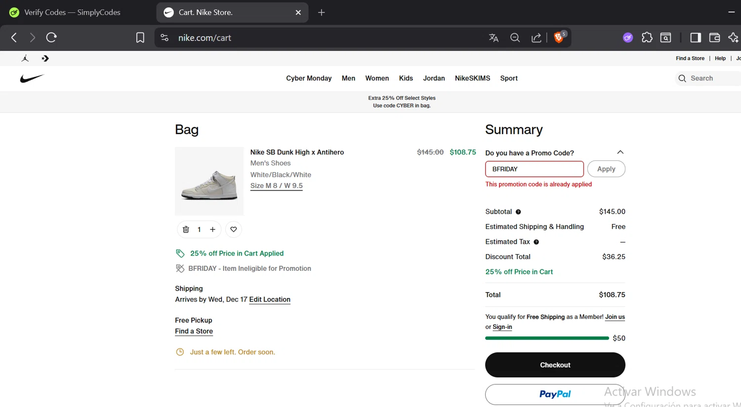 Nike Factory Store promo code screenshot showing code BFRIDAY applied at Nike Factory Store checkout page. Uploaded by SimplyCodes community member CoinOwl5103 on Dec 5, 2025