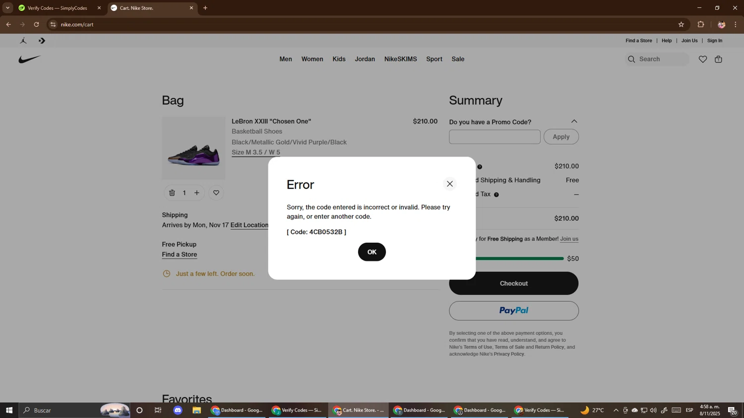 Nike Factory Store promo code screenshot showing code APP15 applied at Nike Factory Store checkout page. Uploaded by SimplyCodes community member El_mynor on Nov 8, 2025