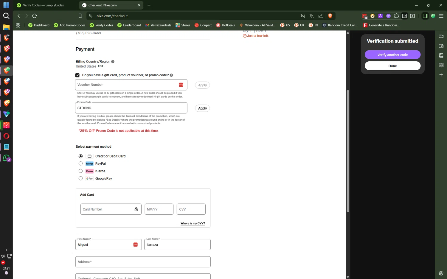 Nike Factory Store checkout page showing Nike Factory Store promo code box | Screenshot taken by SimplyCodes community member on Dec 14, 2025