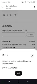 Nike Factory Store coupon verification screenshot