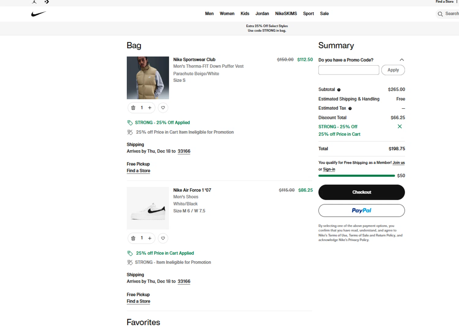 Nike Factory Store promo code screenshot showing code STRONG applied at Nike Factory Store checkout page. Uploaded by SimplyCodes community member DORIANGEL on Dec 14, 2025