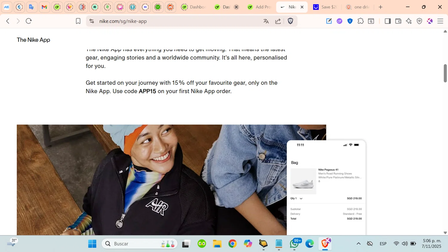 Nike Factory Store promo code screenshot showing code APP15 applied at Nike Factory Store checkout page. Uploaded by SimplyCodes community member cosita on Nov 7, 2025