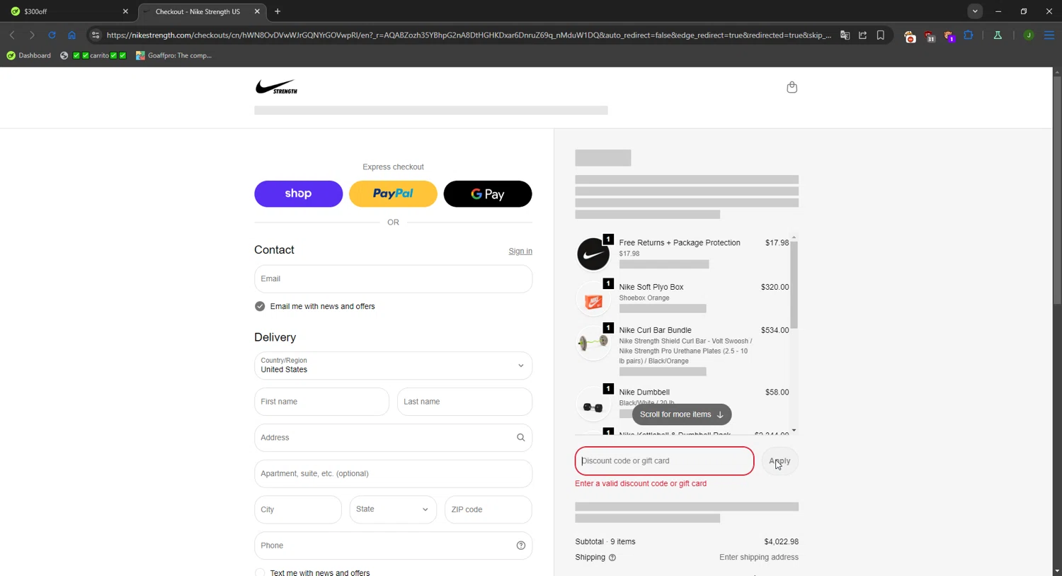 Nike Strength promo code screenshot showing code $300off applied at Nike Strength checkout page. Uploaded by SimplyCodes community member FortunateWizard717 on Feb 4, 2026