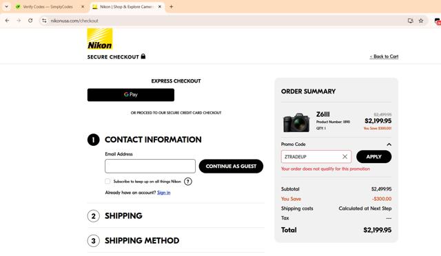 Nikon checkout page showing Nikon promo code box | Screenshot taken by SimplyCodes community member on Dec 8, 2024