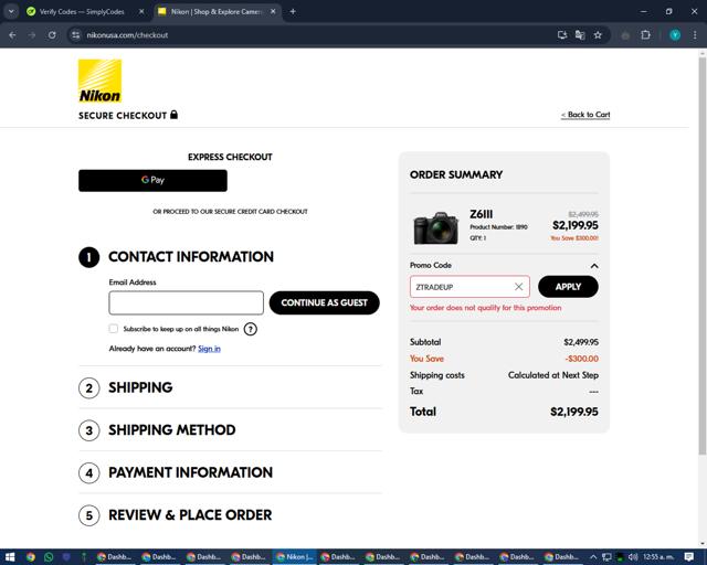 Nikon checkout page showing Nikon promo code box | Screenshot taken by SimplyCodes community member on Dec 8, 2024