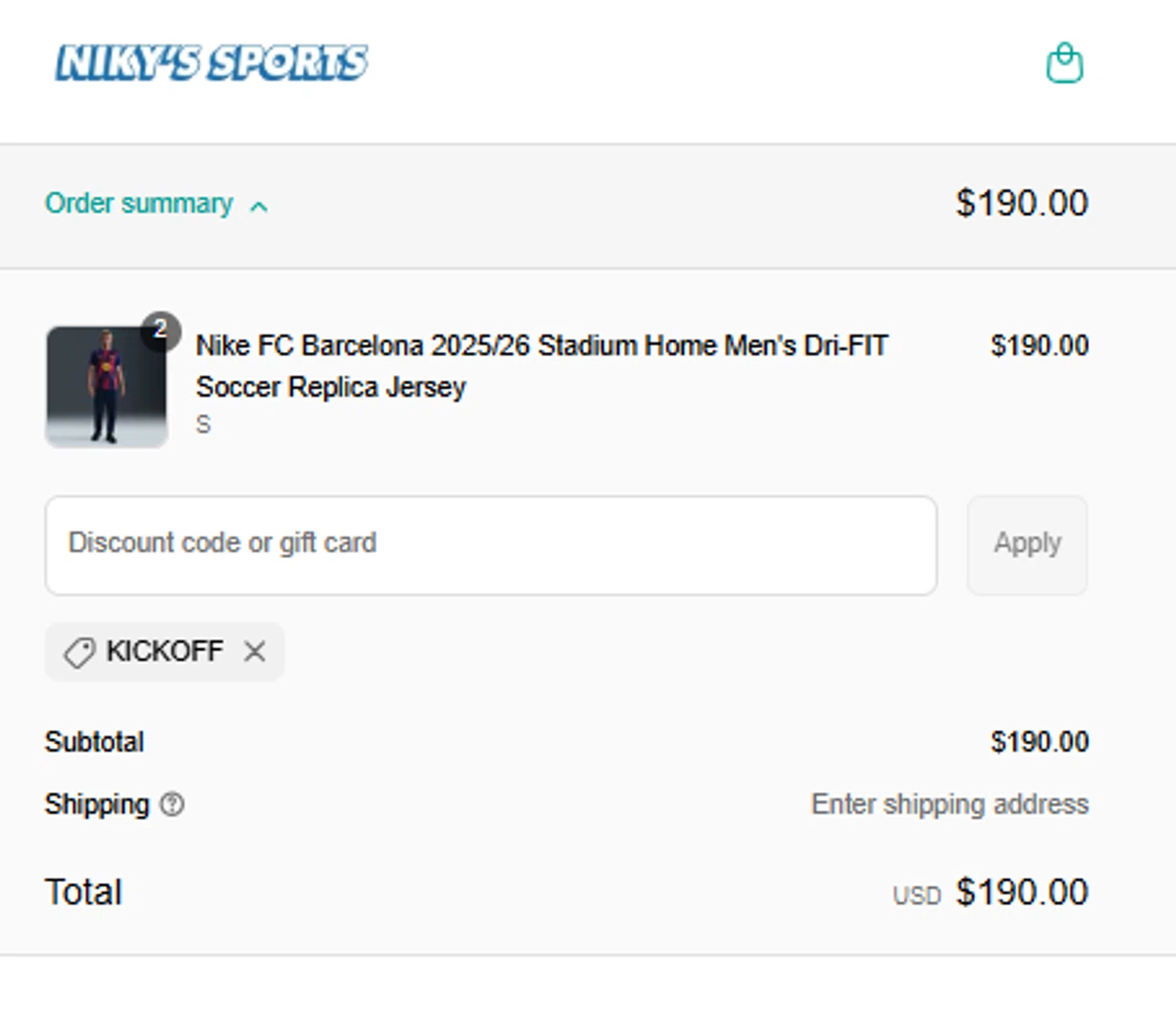 Niky's Sports discount code screenshot showing code KICKOFF applied at Niky's Sports checkout page. Uploaded by SimplyCodes community member EugeniaRoMa on Sep 8, 2025