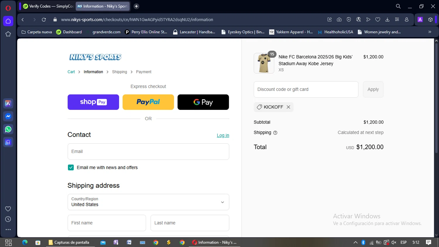 Niky's Sports discount code screenshot showing code KICKOFF applied at Niky's Sports checkout page. Uploaded by SimplyCodes community member yisusgamer on Jul 31, 2025