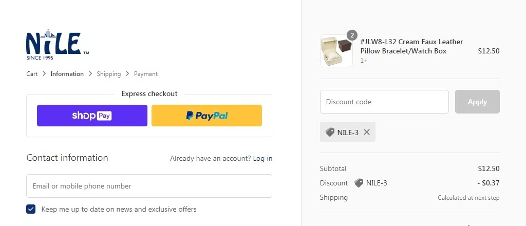 where to use Nile Corp promo code box
