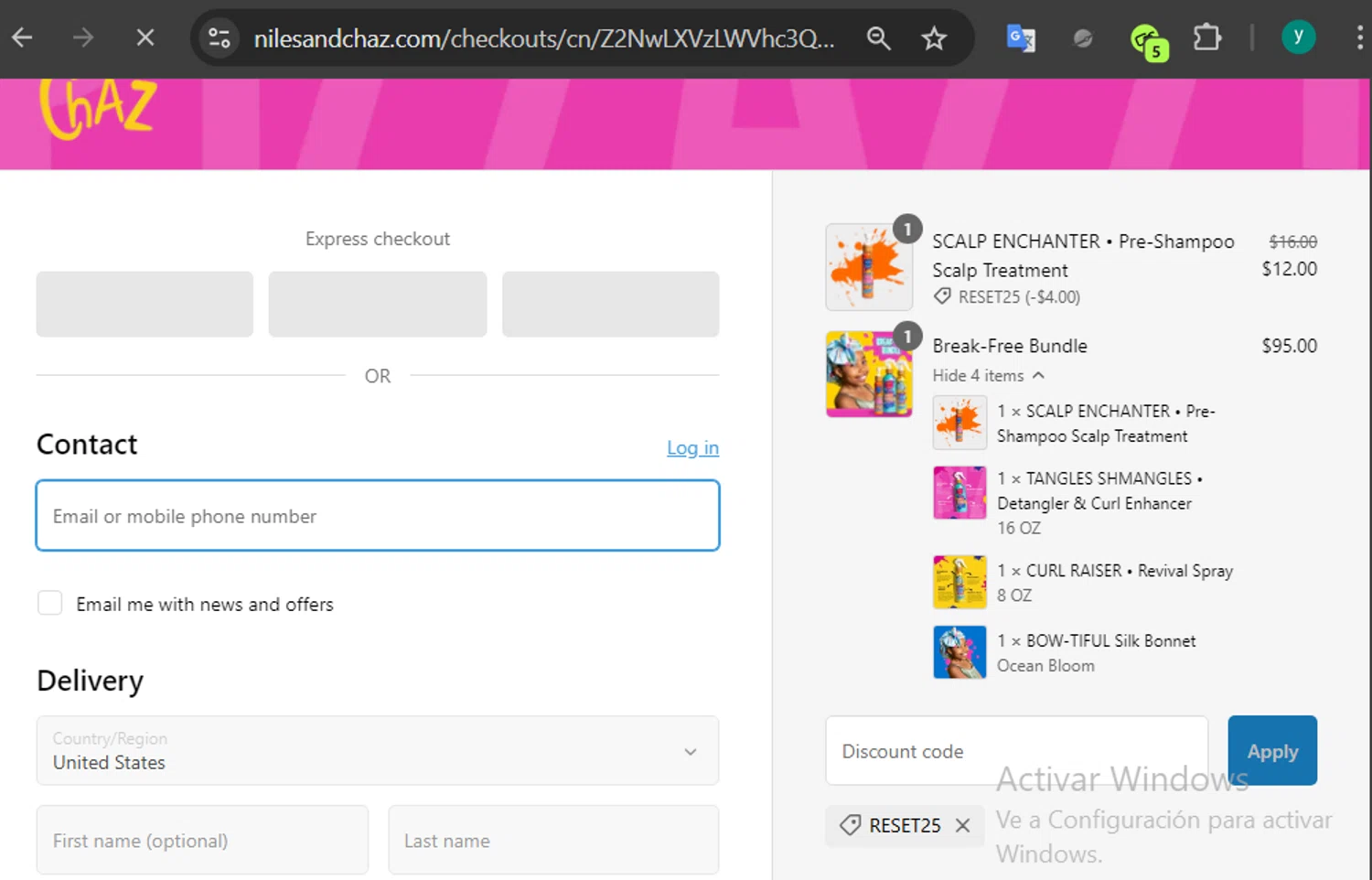 Niles & Chaz Pizzazz! promo code screenshot showing code RESET25 applied at Niles & Chaz Pizzazz! checkout page. Uploaded by SimplyCodes community member 502312 on Jan 25, 2025