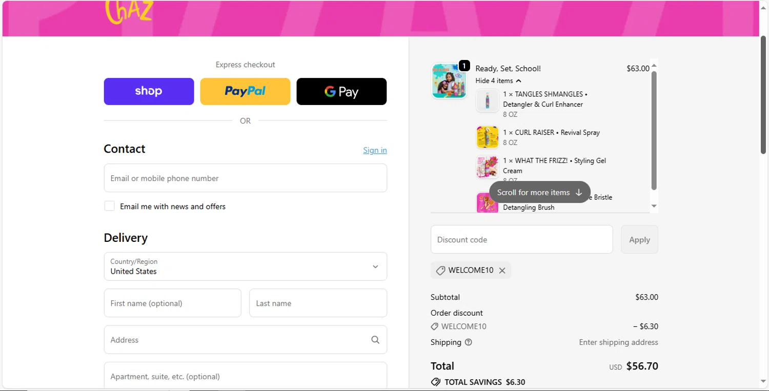 Niles & Chaz Pizzazz! promo code screenshot showing code WELCOME10 applied at Niles & Chaz Pizzazz! checkout page. Uploaded by SimplyCodes community member MagnificentVirtuoso8433 on Oct 14, 2025