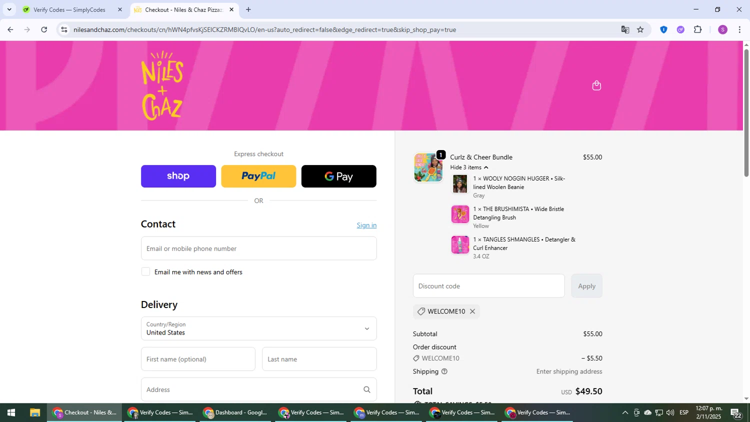 Niles & Chaz Pizzazz! promo code screenshot showing code WELCOME10 applied at Niles & Chaz Pizzazz! checkout page. Uploaded by SimplyCodes community member Son_Goku on Nov 2, 2025