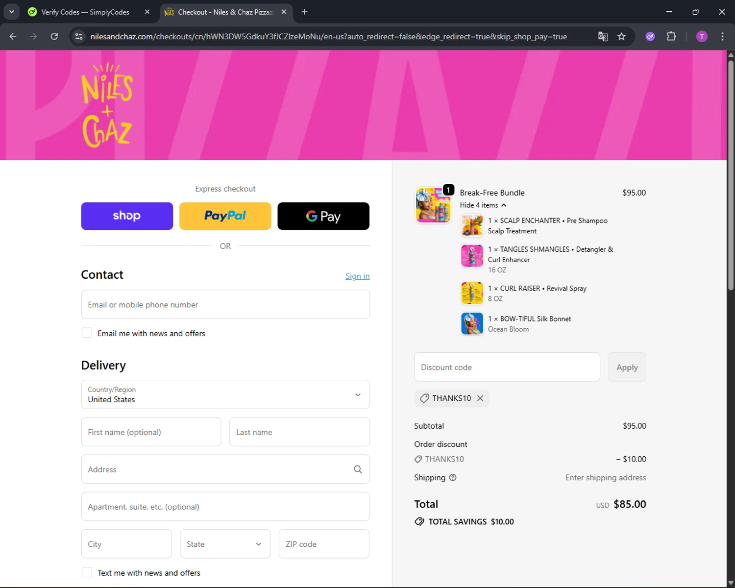 Niles & Chaz Pizzazz! promo code screenshot showing code Thanks10 applied at Niles & Chaz Pizzazz! checkout page. Uploaded by SimplyCodes community member CleverFinder9623 on Sep 21, 2025