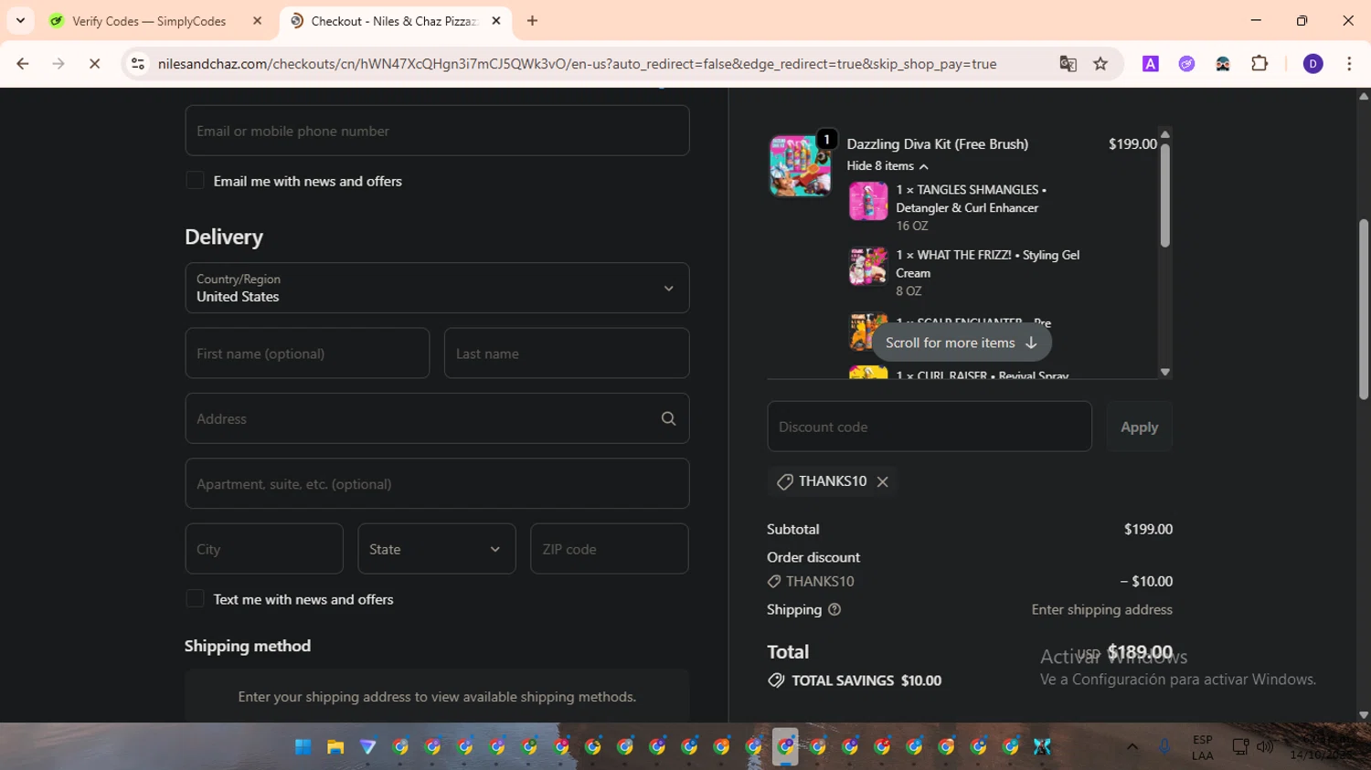 Niles & Chaz Pizzazz! promo code screenshot showing code Thanks10 applied at Niles & Chaz Pizzazz! checkout page. Uploaded by SimplyCodes community member PromoLion4240 on Oct 14, 2025