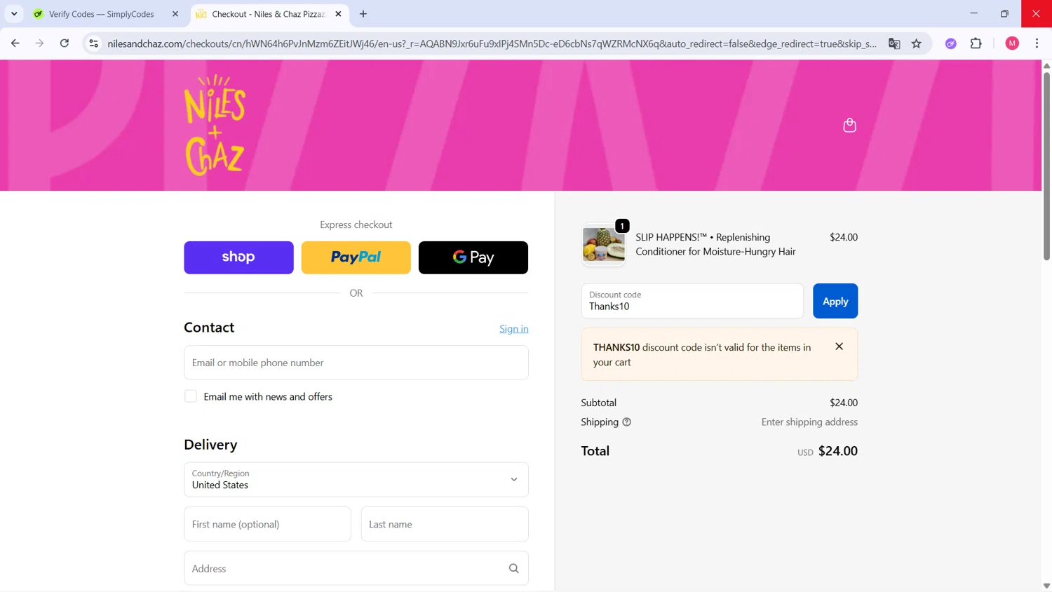 Niles & Chaz Pizzazz! promo code screenshot showing code Thanks10 applied at Niles & Chaz Pizzazz! checkout page. Uploaded by SimplyCodes community member ValueCollector4159 on Dec 5, 2025