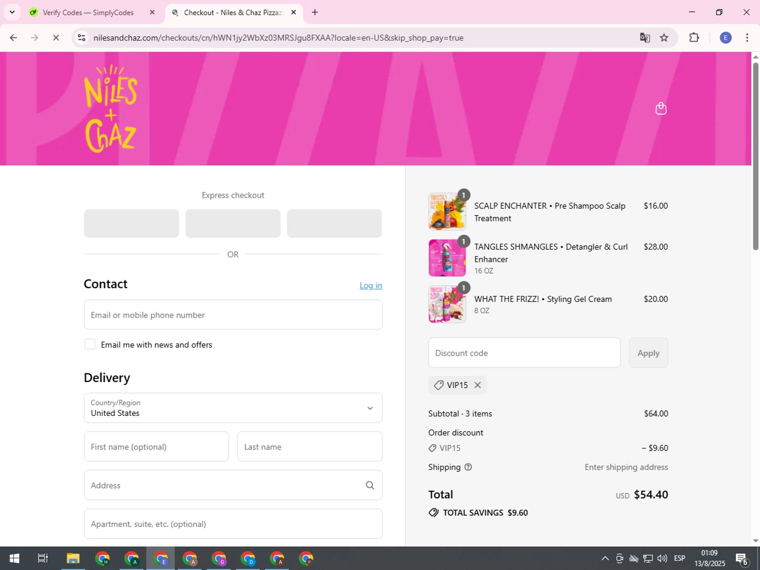 Niles & Chaz Pizzazz! promo code screenshot showing code VIP15 applied at Niles & Chaz Pizzazz! checkout page. Uploaded by SimplyCodes community member ThriftyWarden3521 on Aug 13, 2025