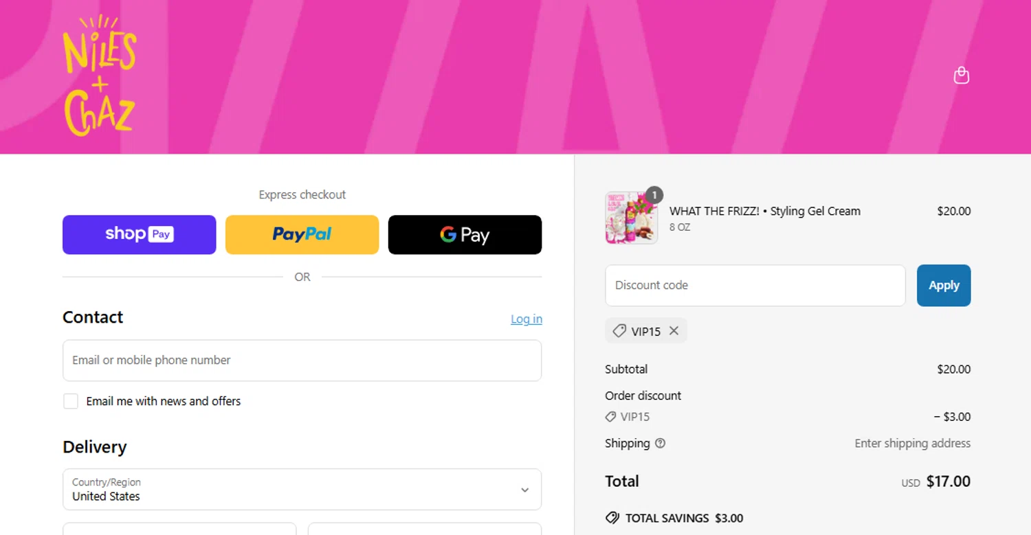 Niles & Chaz Pizzazz! promo code screenshot showing code VIP15 applied at Niles & Chaz Pizzazz! checkout page. Uploaded by SimplyCodes community member Jhonny on Apr 2, 2025