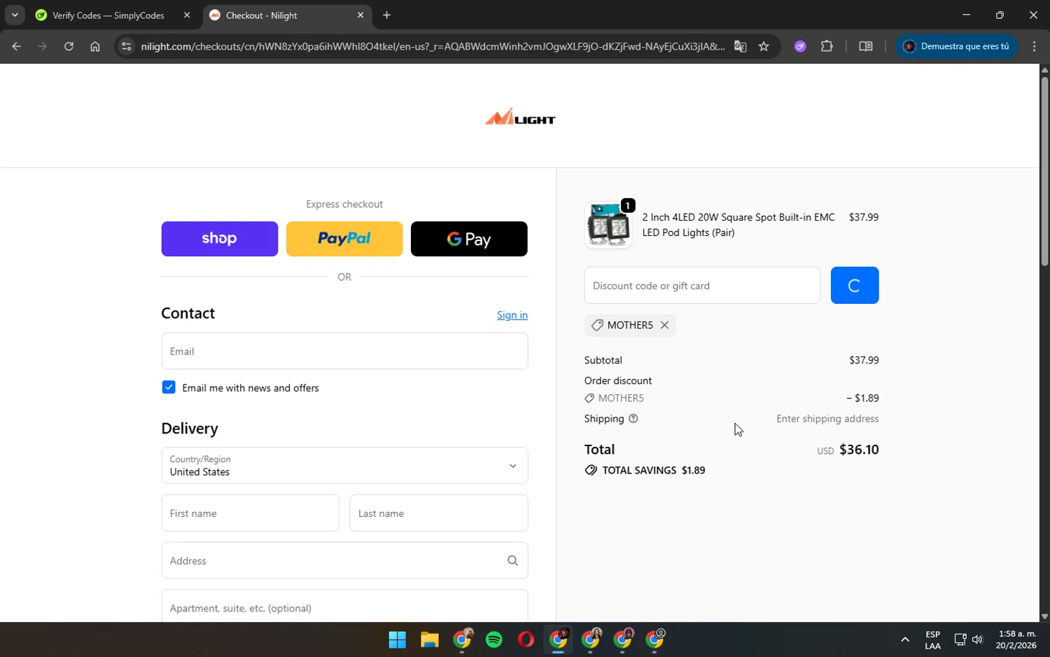 Nilight promo code screenshot showing code MOTHER5 applied at Nilight checkout page. Uploaded by SimplyCodes community member AshlyMichell on Feb 20, 2026