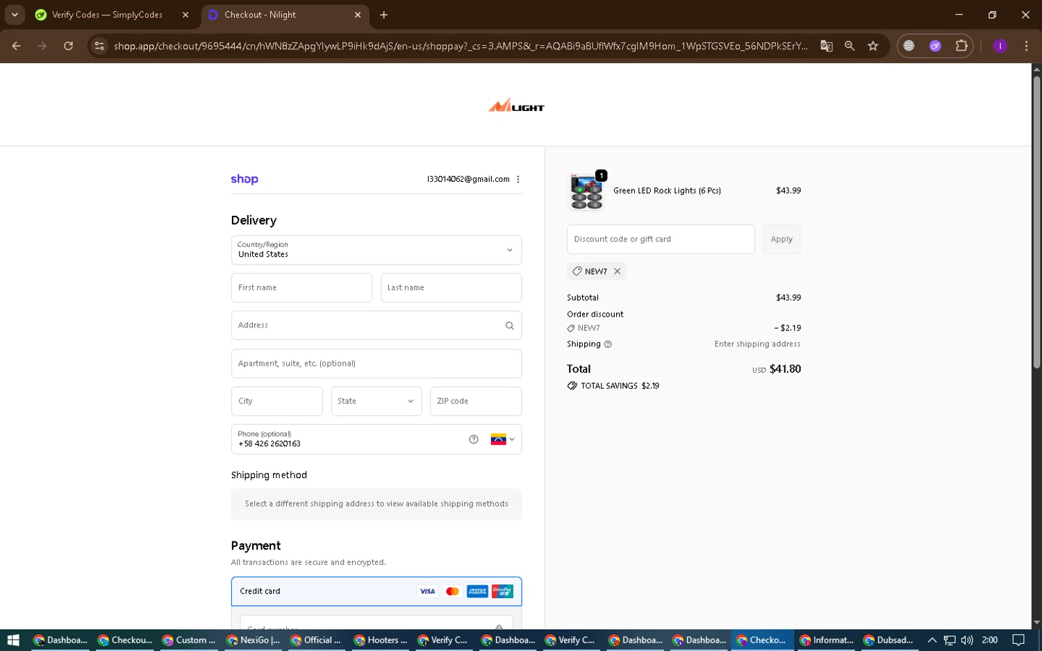 Nilight promo code screenshot showing code new7 applied at Nilight checkout page. Uploaded by SimplyCodes community member ChinoYugi on Feb 20, 2026