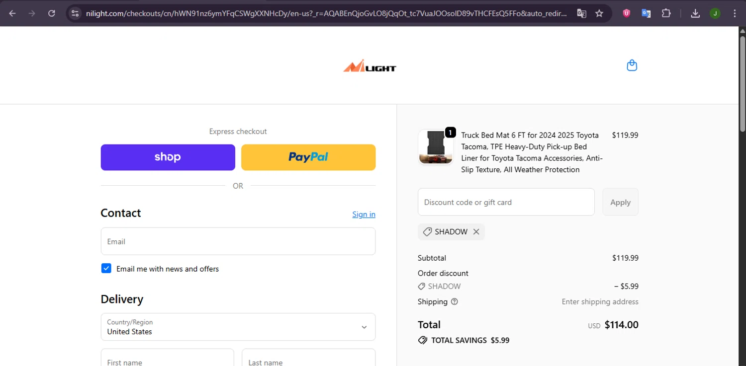 Nilight promo code screenshot showing code SHADOW applied at Nilight checkout page. Uploaded by SimplyCodes community member Graterol_97 on Feb 21, 2026