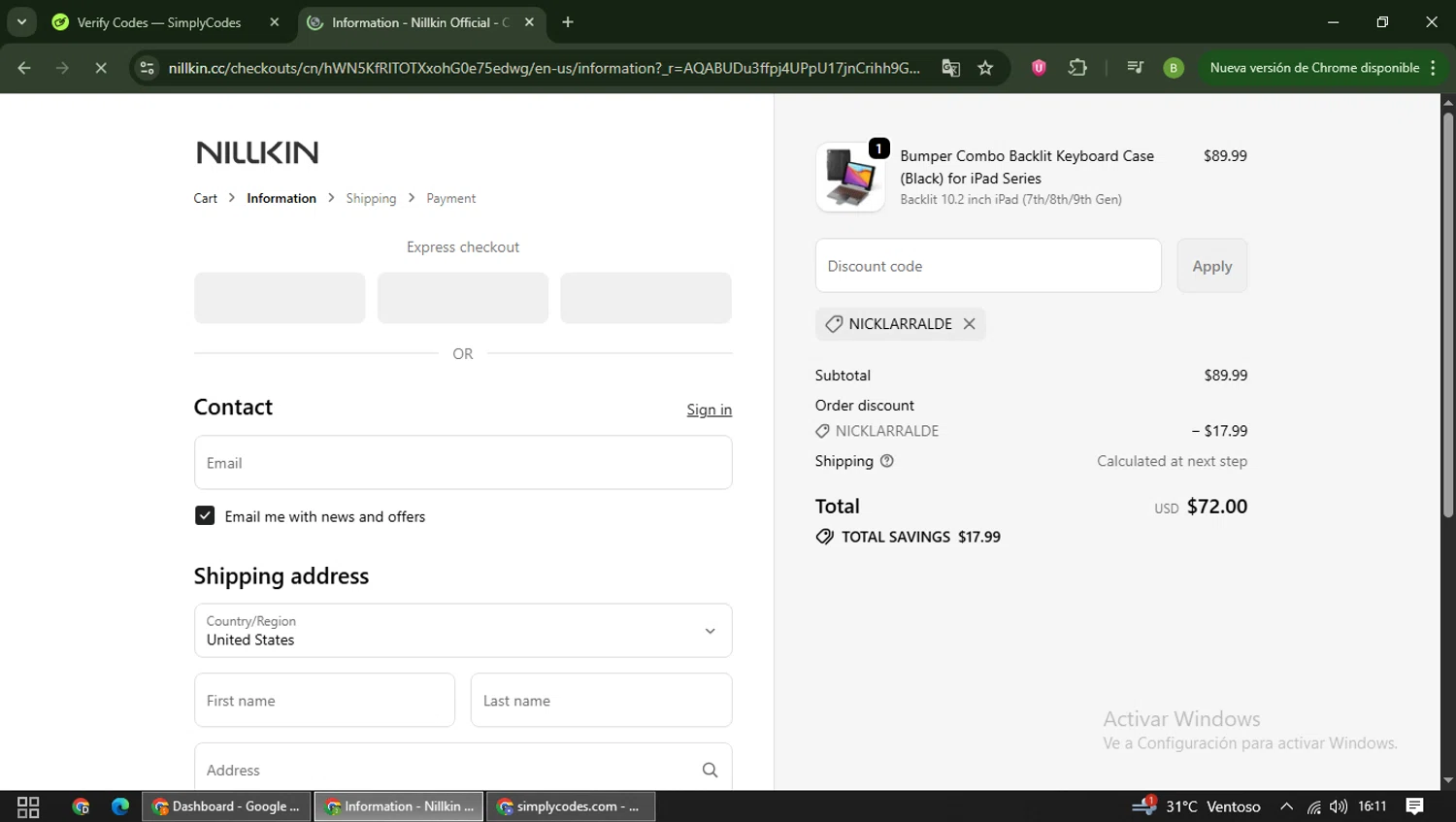 Nillkin discount code screenshot showing code NICKLARRALDE applied at Nillkin checkout page. Uploaded by SimplyCodes community member RoyalAdmiral5066 on Nov 15, 2025