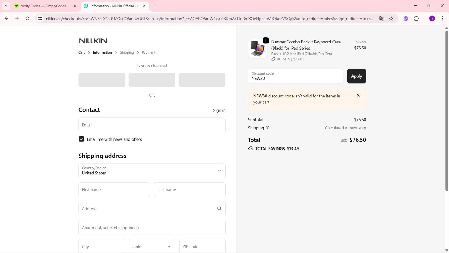 Nillkin discount code screenshot showing code NEW30 applied at Nillkin checkout page. Uploaded by SimplyCodes community member MagnificentSleuth912 on Nov 30, 2025